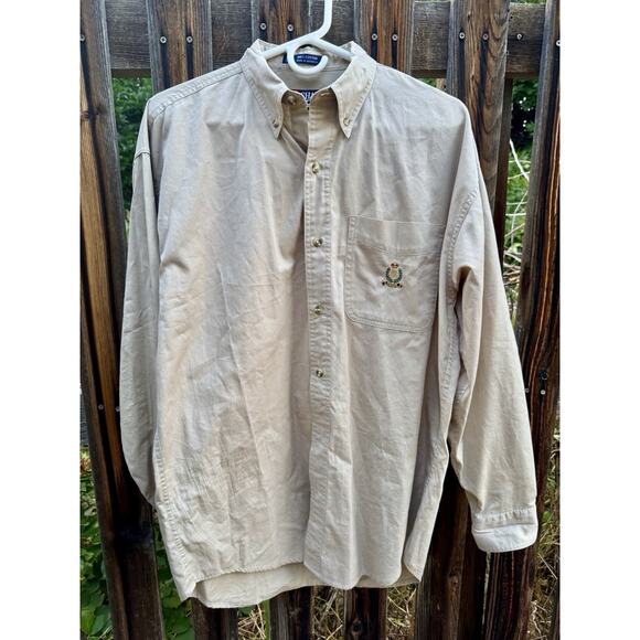 Vintage Chaps Ralph Lauren Shirt Mens M Crest Logo Beige Tan Solid Button Down - Picture 1 of 2